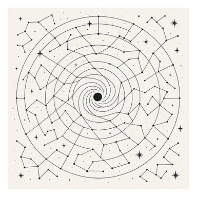 a design for an decorative black and white star map, showing linework of galactic spheres and a constellated ley lines. matrix map. black linework. neat and minimal design, showing expanse and hazards deep into space beyond the galactic core, large tattoo design

 sticker