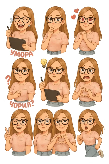 «Создай набор из 12 наклеек в стиле 3D cartoon  женского персонажа (30 лет выглядит моложе)  с прямыми светло русыми волосами ниже лопаток, светлой кожей, большими выразительными голубыми глазами, черные очки для зрения формы кошачий глаз, нос чуть с горбинкой.
Персонаж должен носить пастельную розово-бежевую тай дай футболку с вышивкой @ByUnicorn, голубые джинсы фасона мом, персонаж должен иметь разные выражения: смех до слез и подпись внизу пастельно-розовым текстом УМОРА, задумчивость, влюбленность (с сердцами вокруг головы), злость с паром из носа и подписью внизу пастельно розовым текстом ТИЛЬТ, растерянность (со знаком вопроса) и подпись пастельно-розовым текстом ЧОРИЛ?, наличие идеи (с зажженной лампочкой), плач со слезами из глаз, удивление с открытым ртом и подписью пастельно розовым текстом ОКАК, улыбка и  подмигивание, знак мира рукой, создание сердца руками, бегство со всех ног. Размер картинки не ограниченный, чтобы все наклейки вместились без обрезки. Стиль мультяшный  DreamWorks, мягкий свет, прозрачный фон, и добавь персонажу в руки графический планшет следи чтобы выглядело органично, красиво, не нарушая законы природы и физики, можешь добавить в другую руку перо от графического планшета, если это будет позволять смысл стикера» sticker