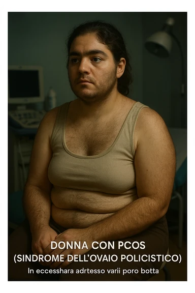 vertical realistic cinematic illustration of a woman with PCOS (polycystic ovary syndrome), visible excess hair on face, arms, and body, clinical atmosphere, dramatic lighting, Italian captions, aspect ratio 2:3 sticker