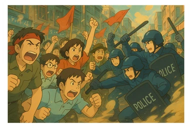 riot, dynamic movement, stylized, ghibli-inspired sticker