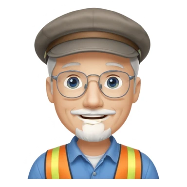 Older cute white male, goatee, grey Irish flat cap, smiling,handyman, blue eyes wire rim glasses, goatee sticker