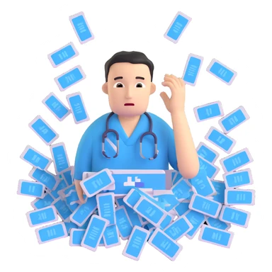 Stressed IT technician with many hospital support tickets sticker