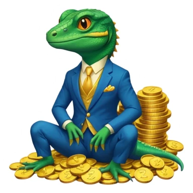 lizard in a blue suit, looking cunning, sitting on a heap of gold coins sticker