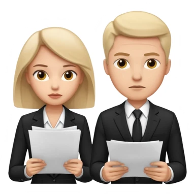 man in formal suit talking to woman in formal suit, they sit, papers in hands sticker