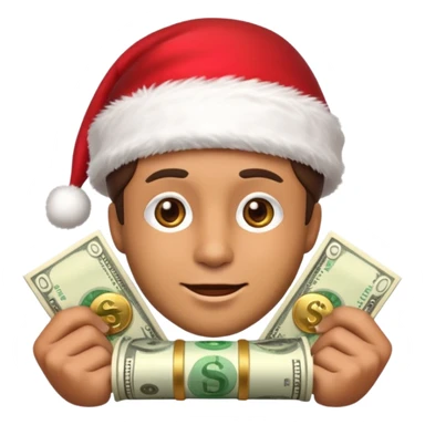A confident rich emoji face wearing a Santa hat, money stacks, casino vibe, New Year theme, premium 3D emoji style, sharp details, no text, isolated on transparent background sticker