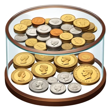Icon for Coin Collecting: a collection of various vintage and modern coins, neatly arranged in a display case or on a table. The icon should highlight the diversity and historical value of coin collecting. Transparent background. sticker