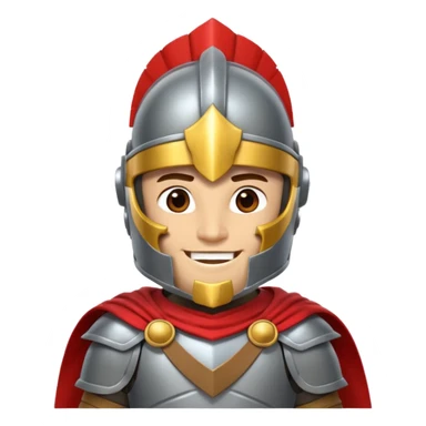 A friendly Trojan warrior mascot with a large cartoon-style head, wearing a silver helmet with a red crest and black cheek guards.  confident smile. The character wears dark armor with metallic details and a WITH yellow cape.  sticker
