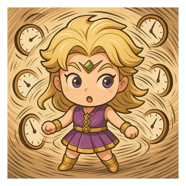 Add a playful time acceleration effect to the chibi Made in Heaven emoji. Include swirling clocks or cartoon speed lines to enhance the playful vibe. sticker