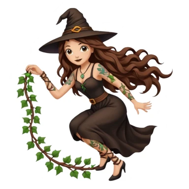 witch woman long wavy brown hair tattoos pulling vine ribbon slowly sticker