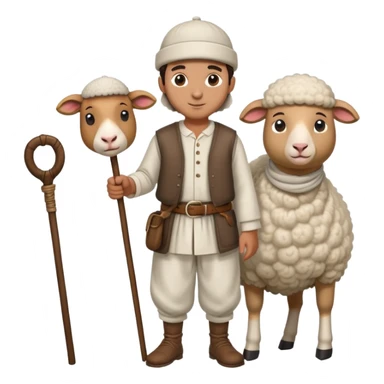 A Turkish shepherd wearing a white felt kepenek, loose shalwar pants, a cloth belt, and a wool cap, holding a wooden staff beside a sheep sticker