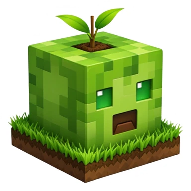 A 3D Apple-style emoji of a Minecraft grass block, cubic shape, with bright green grass on top and brown soil with pixel texture on the sides, simple and cute cartoon design. sticker