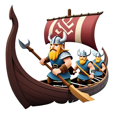 clash-of-clans-aesthetic_-cinematic-viking-longboat, rendered in a flat, bold vector style with minimal shading, featuring a striking dragon-headed prow slicing through icy, churning waters. shields on the side and vikings rowing The longboat’s intricately detailed shields and carved motifs evoke a sense of epic adventure and Nordic might, with billowing sails catching a dramatic, stormy sky backdrop. sticker