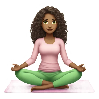 Dark brown long curly hair and green eyes yoga beautiful young woman in light pink pink pink clothes sitting on a yoga mat sticker