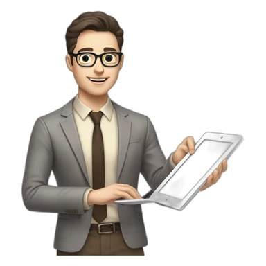 Pale skinned fit man with dark brown hair in gray jacket, beige office shirt, brown tie, brown pants and vintage glasses Writing on the tablet sticker
