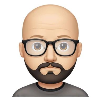 a computer nerd with bald head, rectangled glasses with thick black border, and lower lip beard sticker