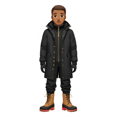 Handsome Black grown man with brown skin tone, wearing black joggers, a black weather coat, and buckwheat timberland boots, and black gloves sticker