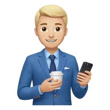 Confident and outgoing male entrepreneur, Caucasian features, blonde hair, big friendly smile, expressive eyes, defined eyebrows, wearing a blue blazer over a light blue shirt, holding a smartphone in one hand and a coffee cup in the other, waist-up, front-facing sticker