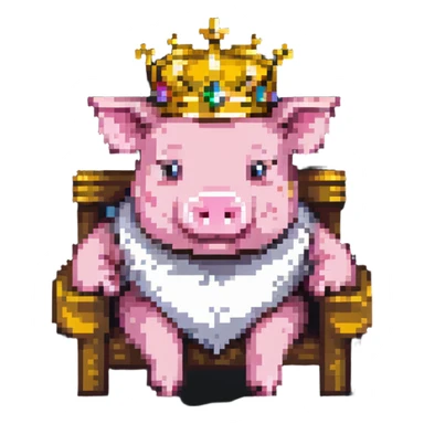 simple ultra-low pixel count pixel art of a pig with a golden crown sitting on a throne, blocky and square like Minecraft sticker