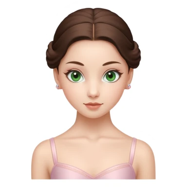Cinema Realistic Ballerina Portrait, with porcelain-like skin featuring a natural rosy flush, illuminated by soft lighting that highlights the gentle contours of her face. Her Brunette hair flows in soft.Her deep green light eyes radiate framed by arched brows and long lashes. sticker