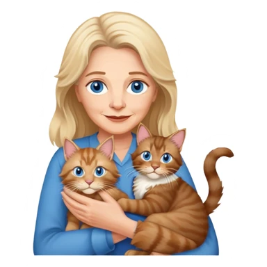 A blonde blue eyed older woman holds a brown Maine Coon cat in her arms sticker