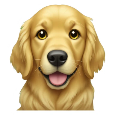Golden retriever with a green collar and a gold me dal  sticker