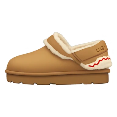 Ugg Camel slip-on slippers. A thin red zig-zag stitch only encircling ankles, VERY chunky platform sole. sticker