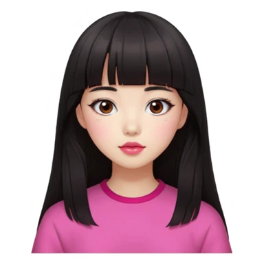 Korean girl, red top, black brown hair, brown eyes, long hair, cool girl, aesthetic, long hair, hime cut, blunt bangs, pink lips, pink cheek sticker