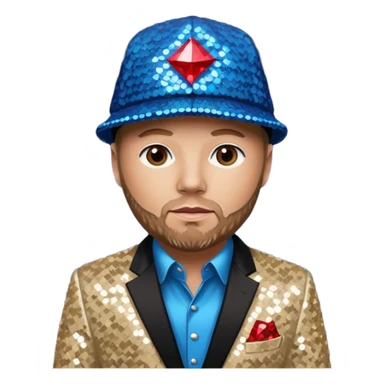 Fred Durst with sequin cream suit jacket with black shirt, red sequin hat, blue eyes, dark blonde hair sticker