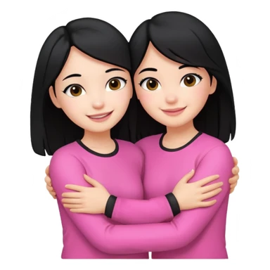 2 girls with black hair hugging each other. One is wearing white clothes and the other is wearing pink clothes sticker