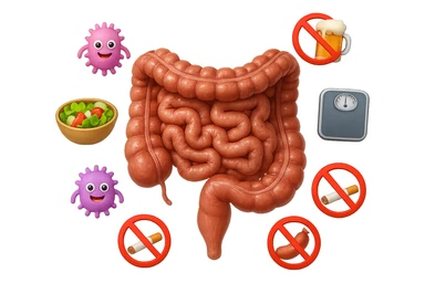 intestino umano anatomico realistico al centro, intorno al quale ruotano emoji stile iphone di: due batteri intestinali felici, una bowl di insalata, una bilancia pesapersone, manubri da palestra, e un boccale di birra con divieto 3d sopra, una sigaretta con divieto 3d sopra e un wurstel con divieto 3d sopra, fluttuano in aria, iperrealistico 4k sticker