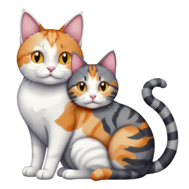 full body colourful light patched calico + white tabby cat cuddling a bigger cat that is dark grey and white tabby cat  and they are in love sticker