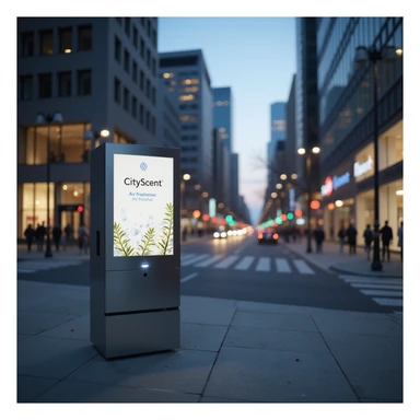 realistic illustration of the CityScent air freshener machine placed prominently in the center of a modern city, evening setting, city lights, calm urban atmosphere, no people, focus on the machine sticker