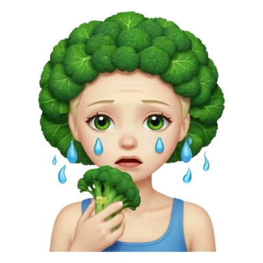Woman crying eating broccoli. make tears blue color sticker