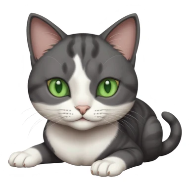 beautiful female solid dark grey cat with green eyes, white toes/paws and white patch on her chest rolling over sticker