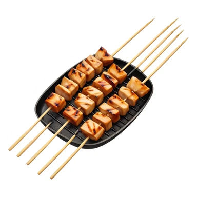 Cinematic Realistic Yakitori Dish Emoji, depicted as skewered, grilled chicken pieces with a charred finish rendered with crisp textures and appetizing, natural lighting. sticker