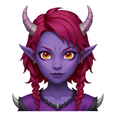Demon Girl Purple Skin Dragon Horns Black Eyes Red Glowing Pupils Auburn Haired Red Shirt  sticker