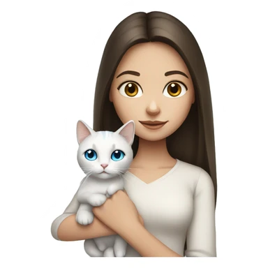 brunette girl with long hair and holding a blue-eyed white cat sticker