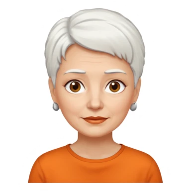older white haired woman with orange shirt short white hair make eyebrows brown sticker