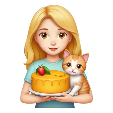 Beautiful girl holding a big mango cake and a kitten in her hands sticker