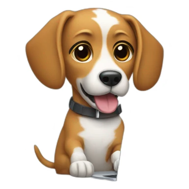 Dog on a computer chair playing a MacBook sticker