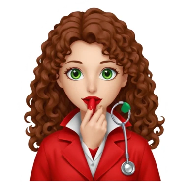 Lilith symbol sexy evil woman. She has green eyes.  had brown long curly hair.  evil surgeon kills with scalpel wears red sexy doctor coat with red mouth cover red gloves. Covers nose, neck  and mouth with Muslim red berka sticker