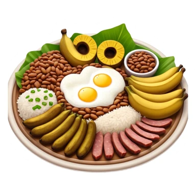 Cinematic Realistic Bandeja Paisa Dish Emoji, depicted as a hearty platter featuring beans, rice, meat, and plantains rendered with detailed textures and vibrant, robust lighting. sticker