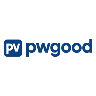 modern logo for 'pwgood' with bold sans-serif lettering, blue and white color scheme sticker