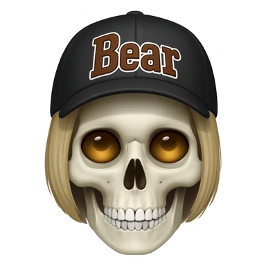 Create a skeleton head wearing a black baseball cap that says "Bear" in brown, and white lettering, with short blonde hair sticker