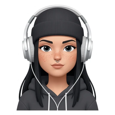 White curvy female with freckles, long straight black hair wearing a beanie and hoodie and nose ring on one nostril listening to music sticker
