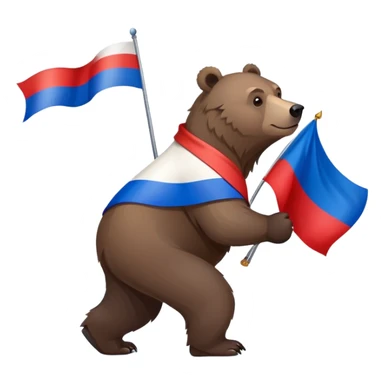 Darker brown grizzly bear walking on four paws with Russian flag (white, blue, red) on its back, natural pose sticker