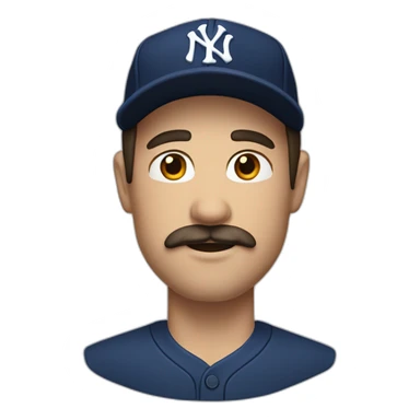 white man with long dark brown hair and ny baseball cap and mustache sticker