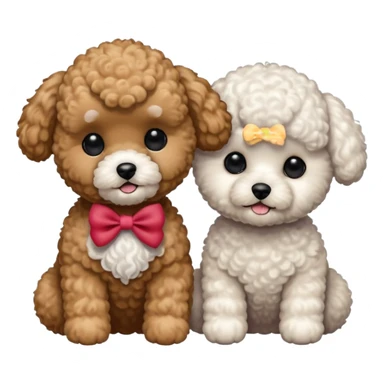 Two small, fluffy dogs with a toy poodle / bichon-like appearance, both with round faces, black button eyes, and short snouts. Their fur is bright white, tightly curled, and freshly groomed, styled in a plush, teddy-bear cut. sticker