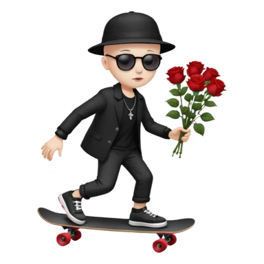 ["A sad boy with pale skin, bald, wearing a sunhat and sunglasses, dressed in goth fashion, is skateboarding while holding a flower bouquet."] sticker