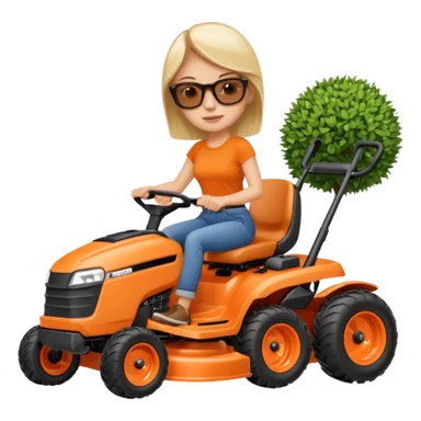White woman on orange ride on lawn mower cutting lawn sticker